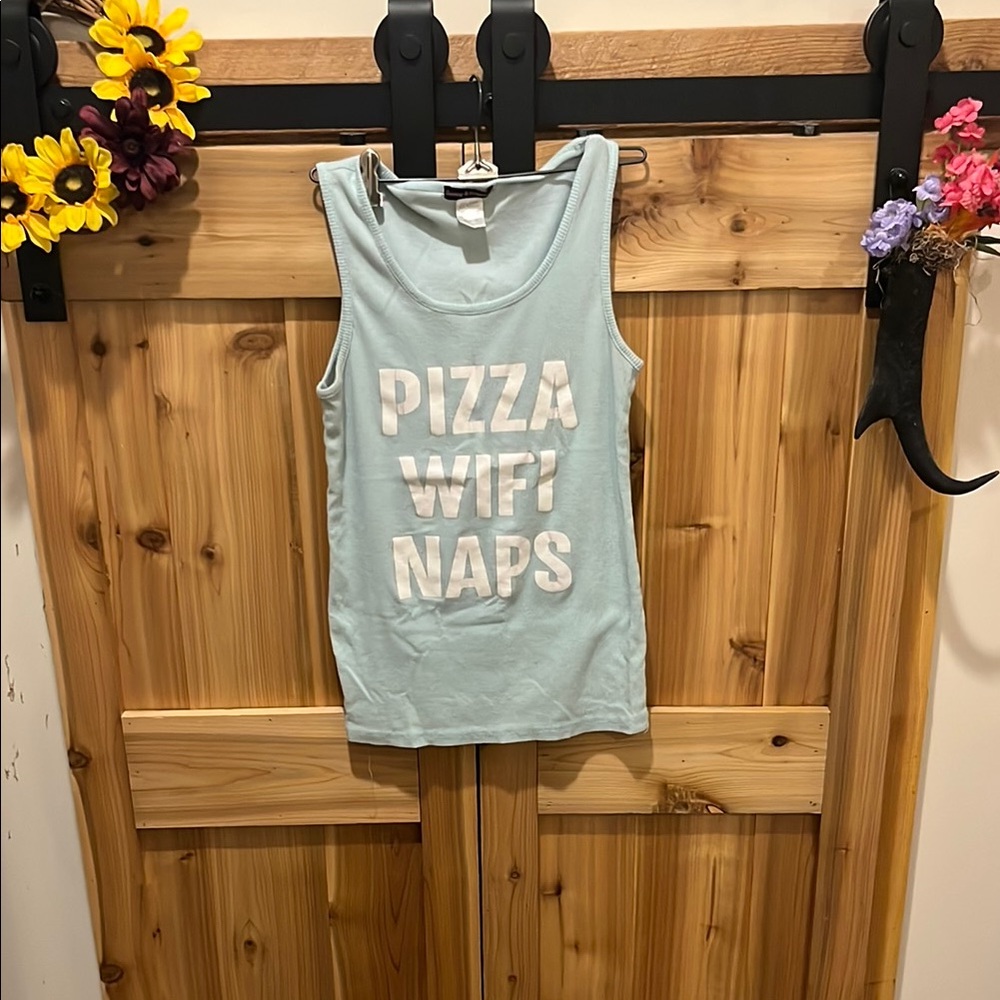 Light Blue Tank Top with White Text “Pizza, WiFi, Naps”